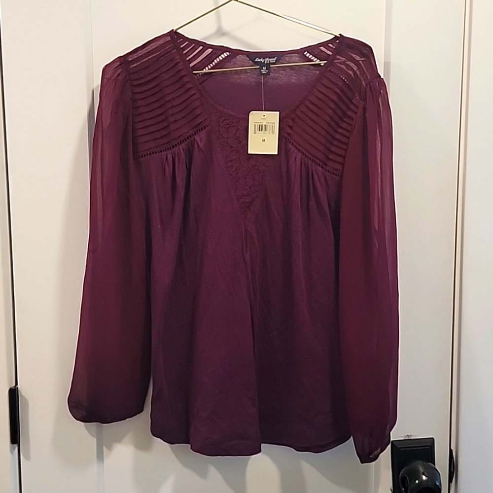 Nwt Lucky Brand Plum Colored Sheer Sleeve Top Women's Medium